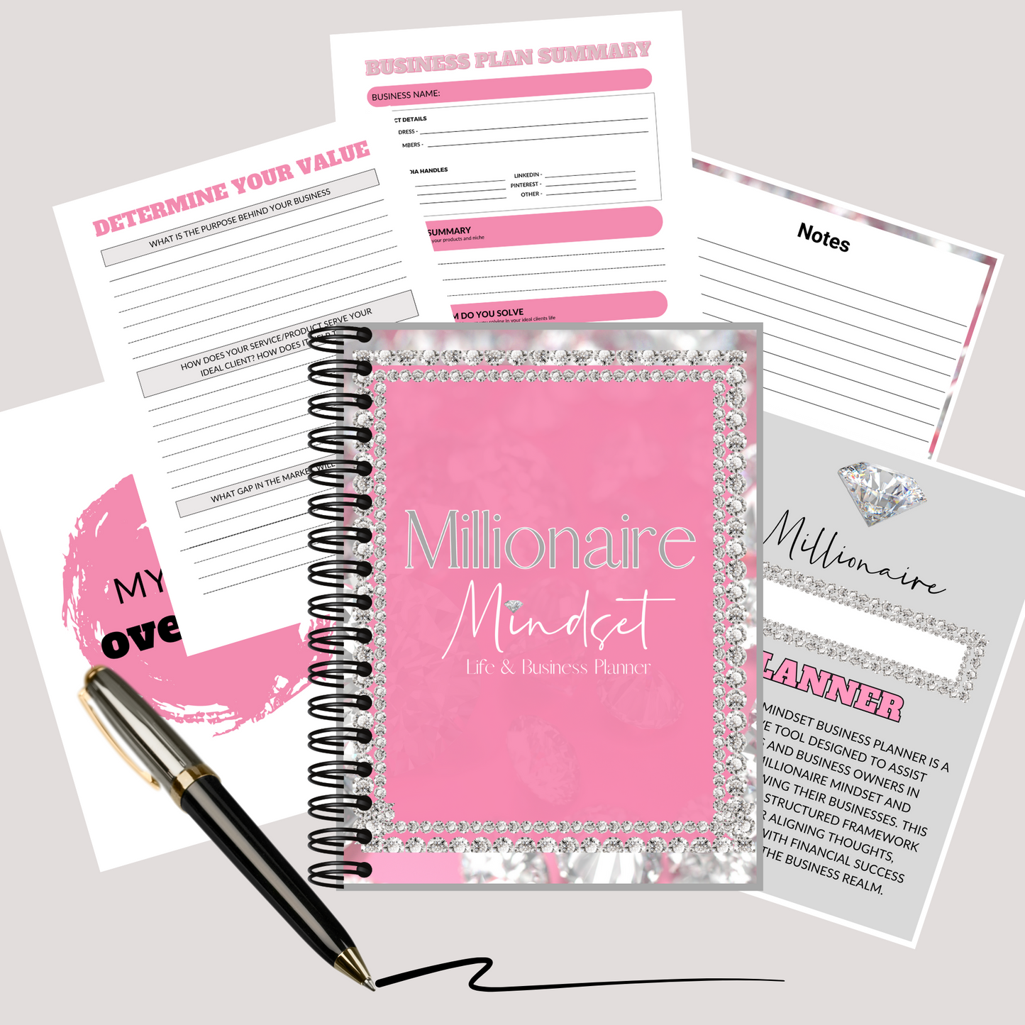 Millionaire Mindset Planner cover with business and money planning layout for entrepreneurs
