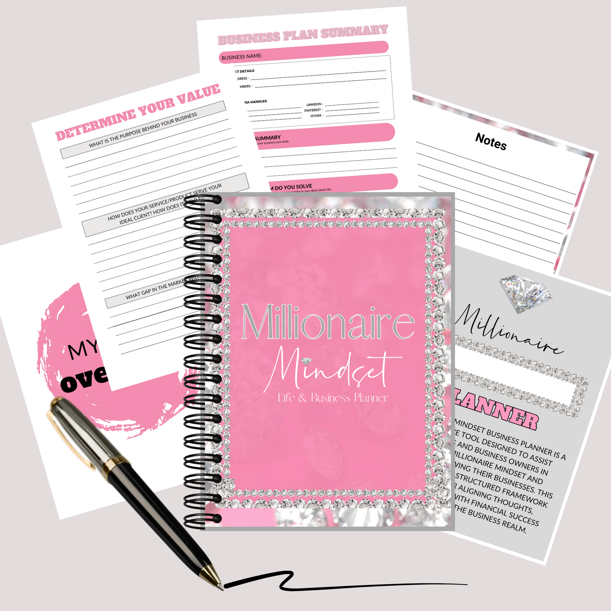 Millionaire Mindset Planner cover with business and money planning layout for entrepreneurs
