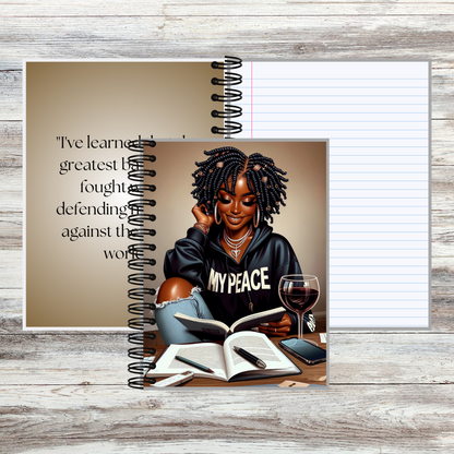 My Peace Notebook spiral notebook with illustration of a woman reading and holding a glass of wine on the cover
