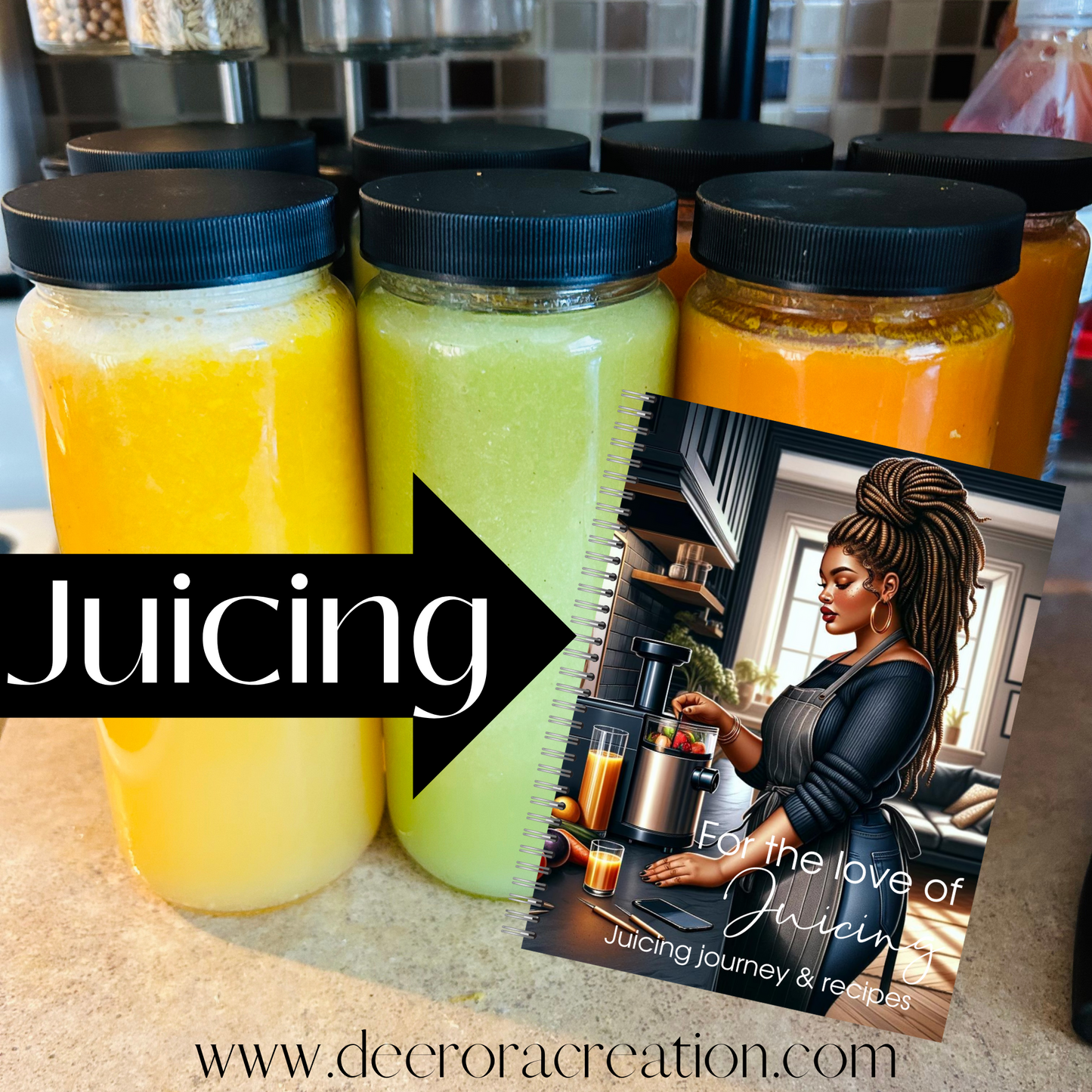 A promotional image for a juicing recipe book, with a graphic of an African American woman making juice, adjacent to fresh homemade juice bottles and a link to a website for more recipes.