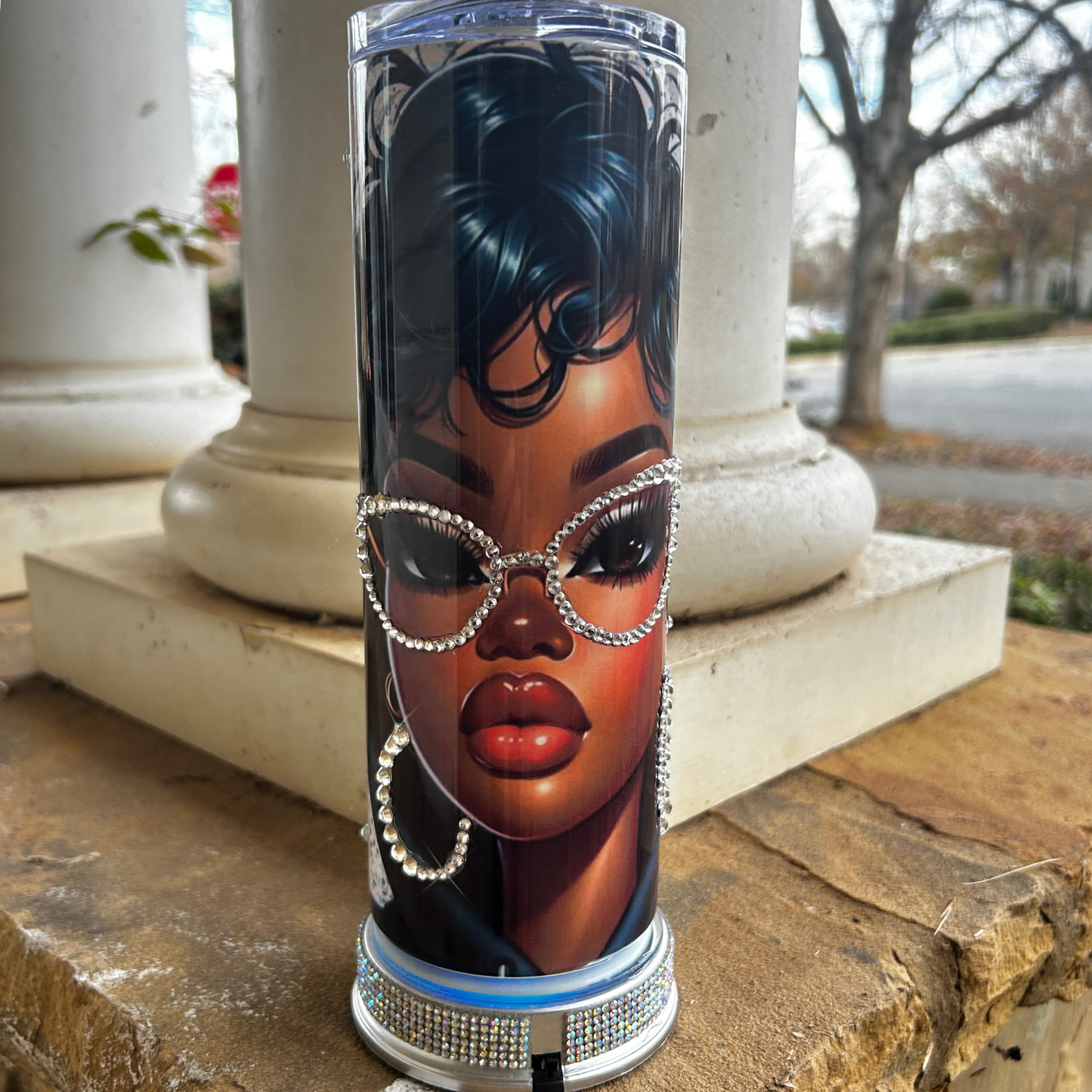 “Glam queen tumbler with rhinestone glasses and hoop earrings on illustrated Black woman – luxury Afrocentric drinkware”