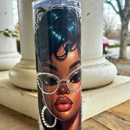 “Glam queen tumbler with rhinestone glasses and hoop earrings on illustrated Black woman – luxury Afrocentric drinkware”