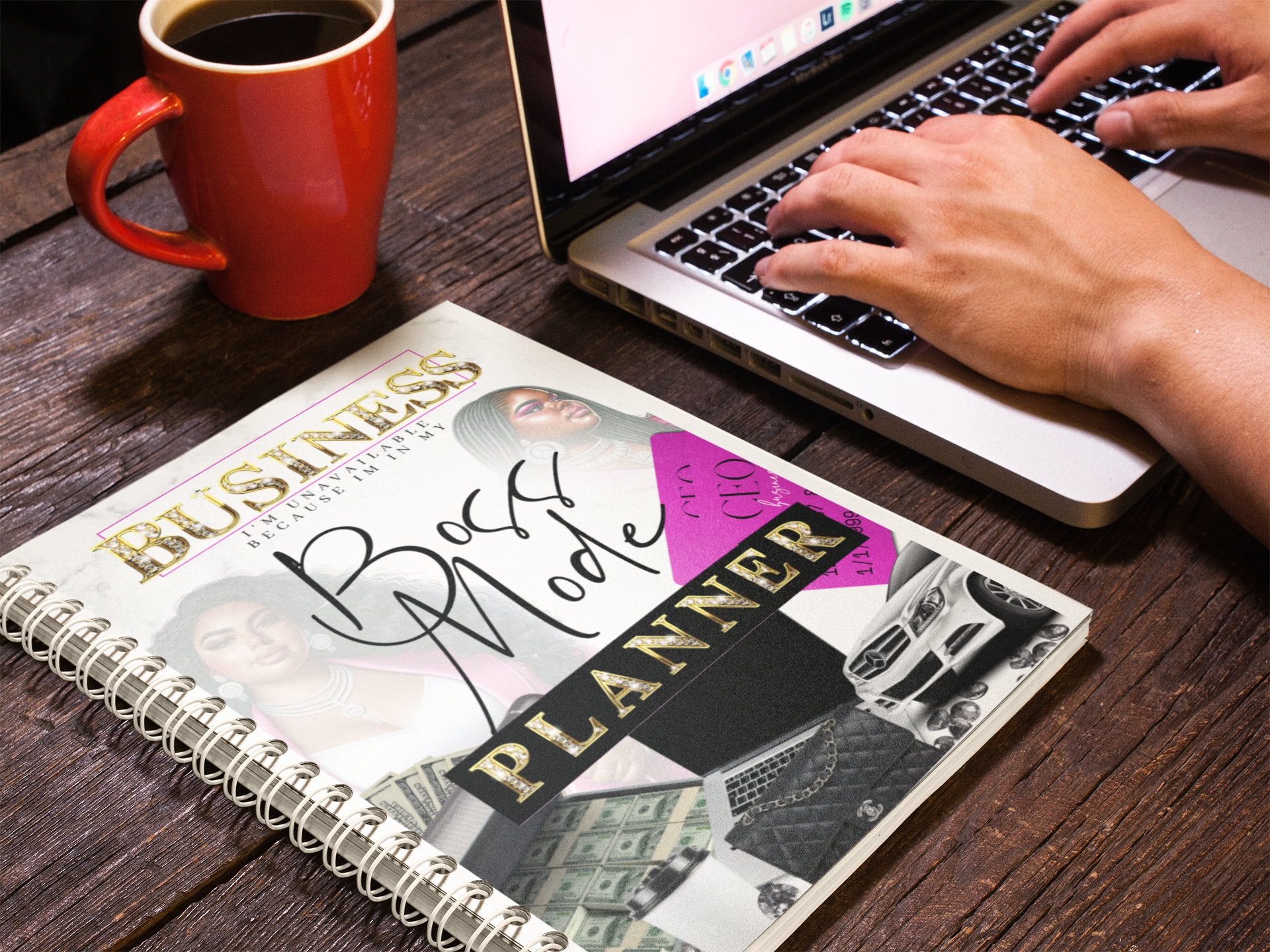 Cover page of a 'Boss Mode Planner' featuring a stylized graphic of a confident woman, with luxury items such as cars, money, and designer bags, aimed at promoting business success and empowerment.